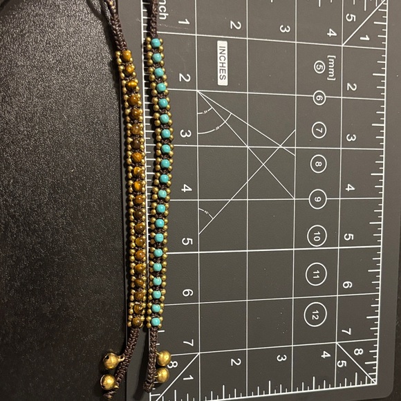 Beaded Bracelets- Turquoise and Tiger eye with brass beads and bells - Picture 2 of 7